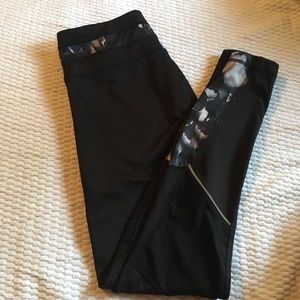 Black Leggings with Mesh and Patterned Inserts